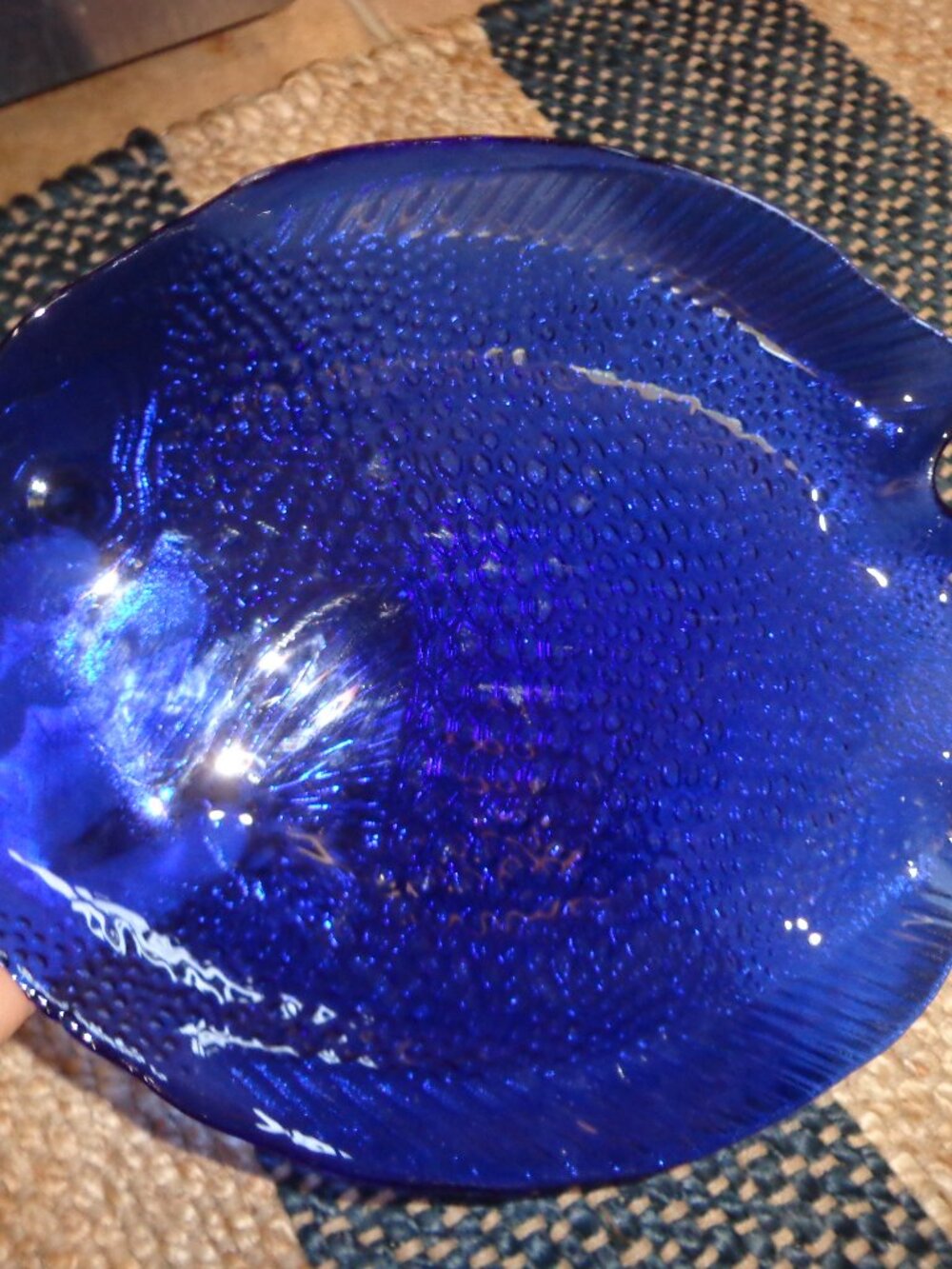 Glass Fish Serving Plate Cobalt Textured Bottom Mint